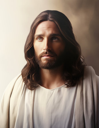 jesus in a white shirt with long hairの素材