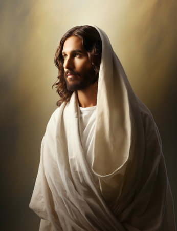 jesus in a white robe standing in front of a light backgroundの素材