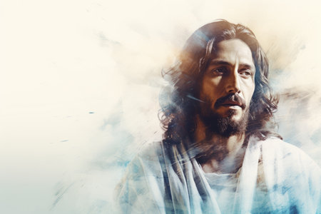 jesus in a white robe with a blue backgroundの素材