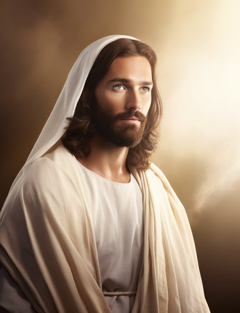 jesus in a white robe standing in front of the sunの素材