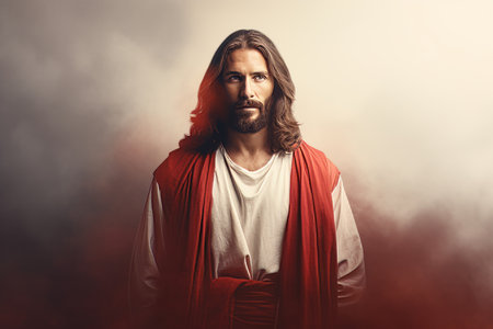 jesus in a red robe standing in front of smokeの素材