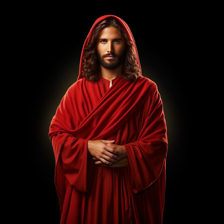 jesus in a red robe standing in front of a black backgroundの素材