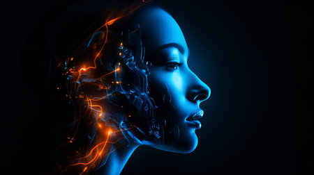 an image of a womans face with glowing linesの素材