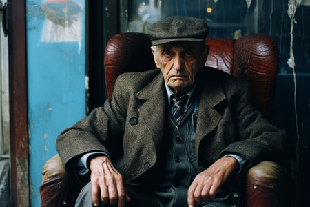 an old man sitting on a chair in front of a buildingの素材