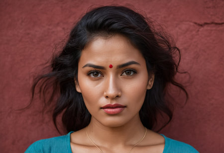 an indian woman with dark hair and a red sindoor on her foreheadの素材