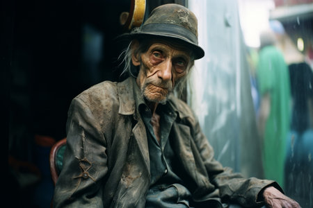 an old man with a hat sitting on a trainの素材