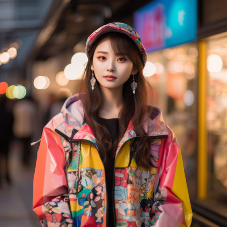 a young woman wearing a colorful jacket and hat on the streetの素材