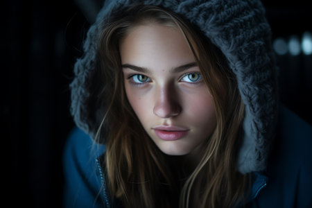 a young woman with blue eyes in a hoodieの素材