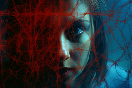 a womans face is covered in red linesの素材