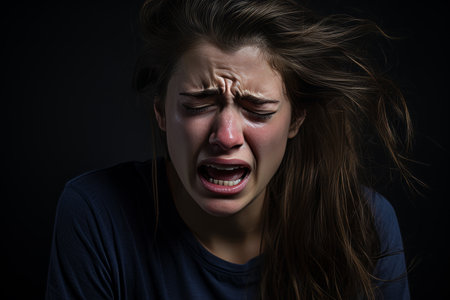 a young woman is crying in front of a black backgroundの素材