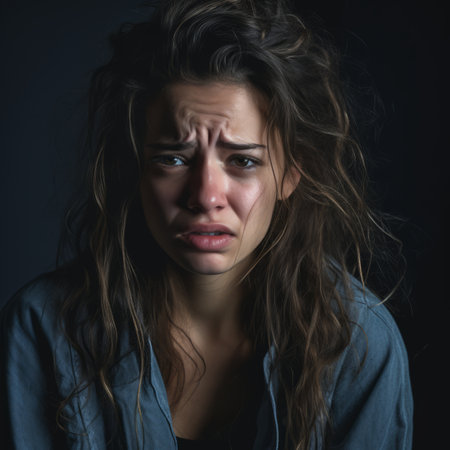a young woman is crying in front of a dark backgroundの素材