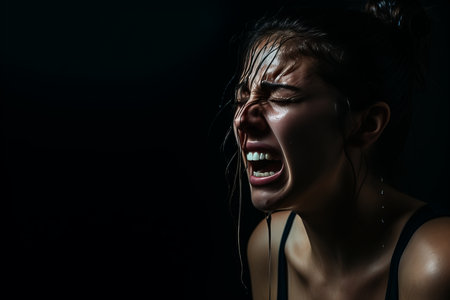 a young woman is crying in front of a black backgroundの素材