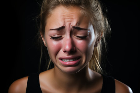 a young woman is crying on a black backgroundの素材