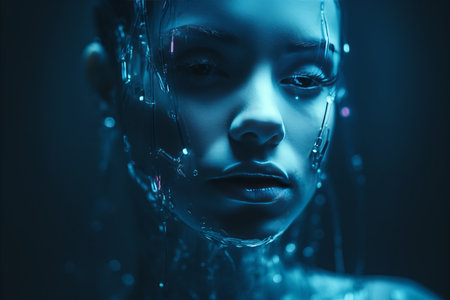 a woman with water dripping down her faceの素材