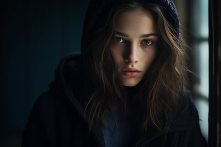 a young woman in a hoodie looking out the windowの素材