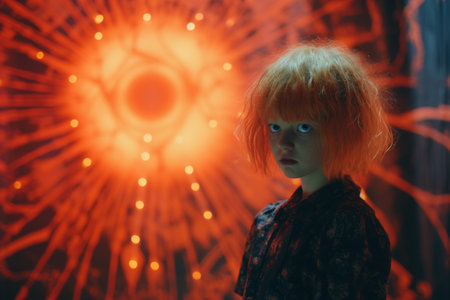 a young girl with orange hair standing in front of an orange lightの素材