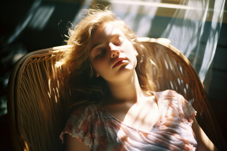 a young woman is sleeping in a wicker chairの素材