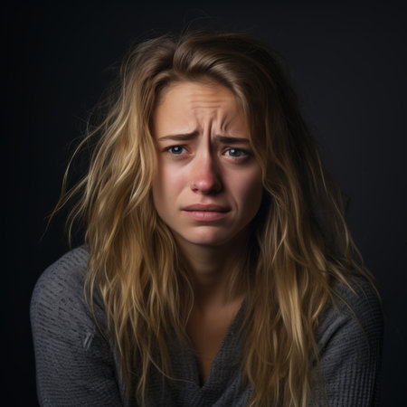 a young woman is crying in front of a black backgroundの素材
