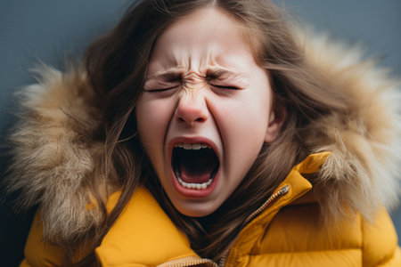 a young girl with her mouth open in a yellow jacketの素材