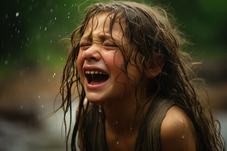 a young girl is laughing while standing in the rainの素材