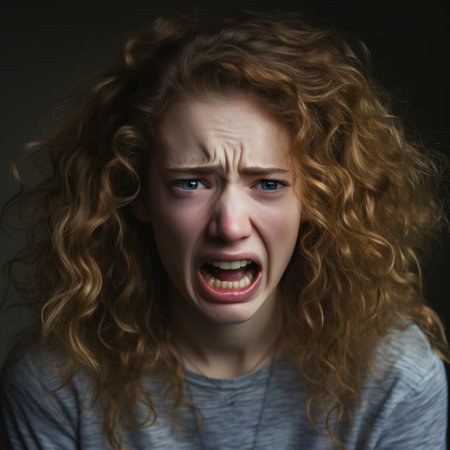 a woman with curly hair is making an angry faceの素材