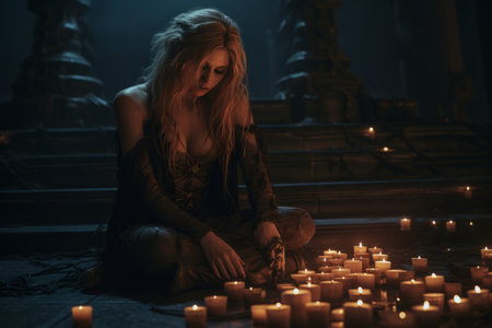 a woman sitting on the steps surrounded by candlesの素材