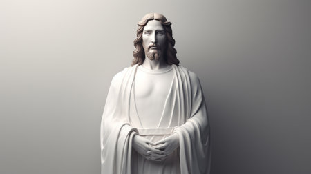 a statue of jesus is standing in front of a gray backgroundの素材