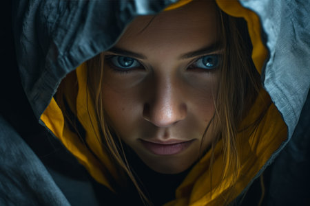 a woman in a hoodie with blue eyesの素材