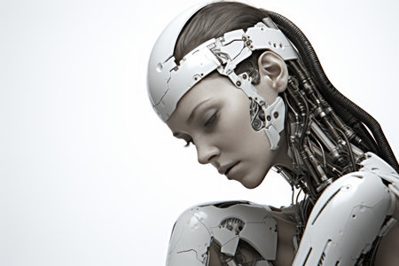 a woman in a robot suit with her hands on her headの素材