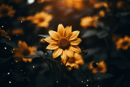 yellow sunflowers in a field with the sun in the backgroundの素材