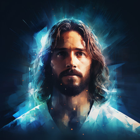jesus with long hair and beard on a dark backgroundの素材