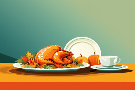 thanksgiving dinner with turkey pumpkin pie and coffeeの素材