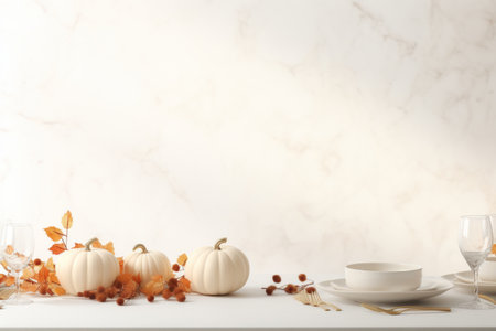 thanksgiving table with white pumpkins and autumn leavesの素材