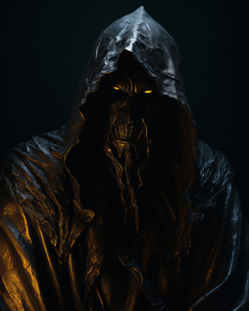 the grim reaper in a black robe with glowing eyesの素材