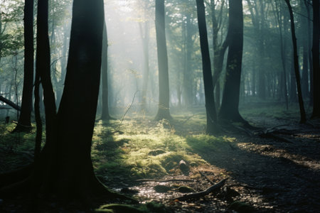 the sun shines through the trees in a forestの素材