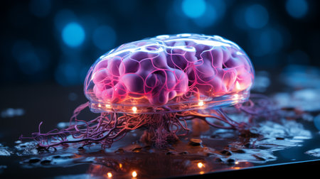 the brain is glowing in the dark on a tableの素材