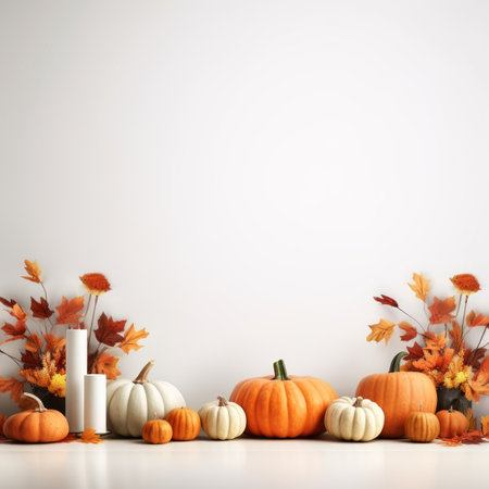 pumpkins and autumn leaves on a white backgroundの素材