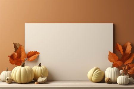 pumpkins and autumn leaves on a shelf with an empty signの素材