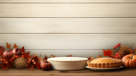 thanksgiving background with pie pumpkins and autumn leavesの素材