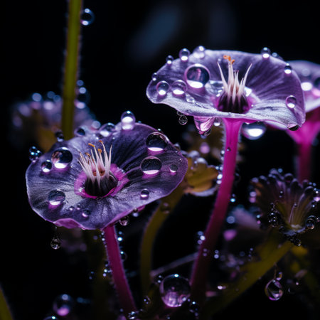 three purple flowers with water droplets on themの素材