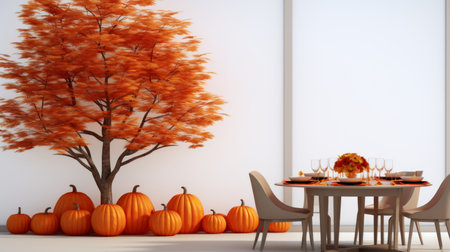 thanksgiving dinner table with pumpkins and orange treeの素材