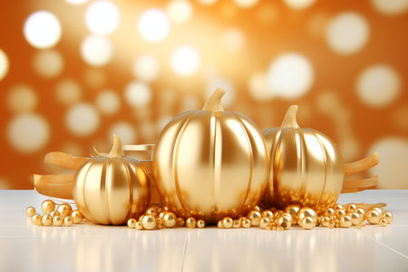golden pumpkins on a table with a golden backgroundの素材