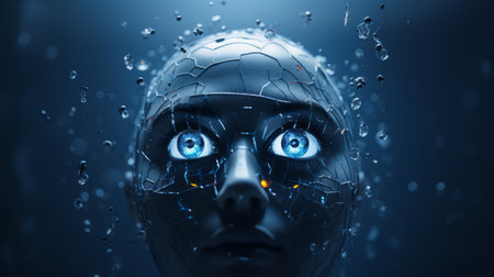 an image of a robot head with water droplets on itの素材