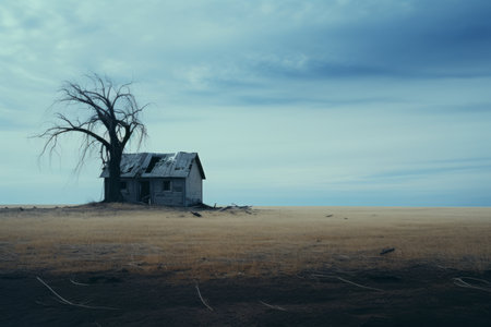 an old abandoned house in the middle of a fieldの素材