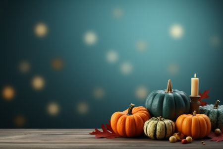 pumpkins and leaves on a wooden table with a candleの素材