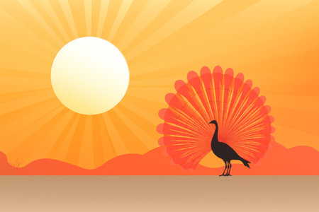 an illustration of a peacock standing in front of the sunの素材