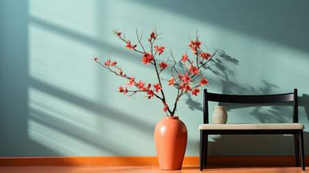 a vase with a flower in it sitting next to a chairの素材