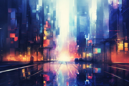 an abstract painting of a city street at nightの素材