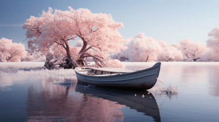 a boat is sitting on the water in front of a pink treeの素材