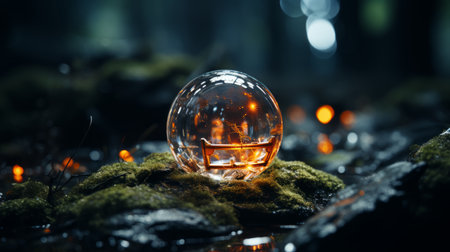 a glass ball sitting on the ground in a forestの素材
